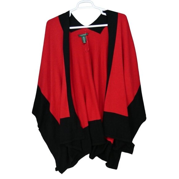 Lauren Ralph Lauren Wrap Poncho Wool blend Cape Size S/M Red Black Color Block‎ - Picture 1 of 6